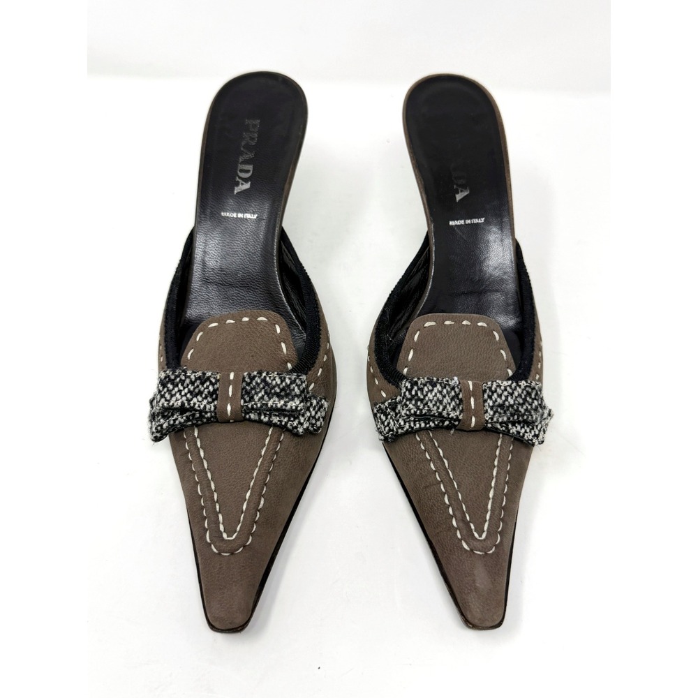 Vintage Prada Y2K Brown Suede Pointed Toe Mules Kitten Heel 38 - Picture 2 of 9